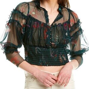 Free People Time for Shine Sheer Green Floral Crop Long Sleeve Top